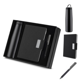 Kit Escritório Caderno, Garrafa e Caneta Metalica