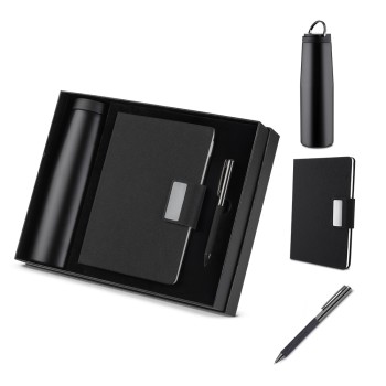 Kit Escritório Caderno, Garrafa e Caneta Metalica