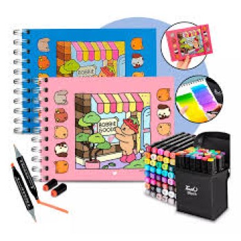 kit Canetinhas Ponta Dupla + Livro Para Colorir